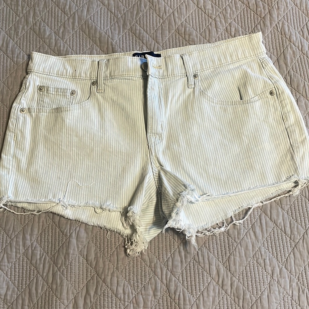 Blue and white striped jean shorts